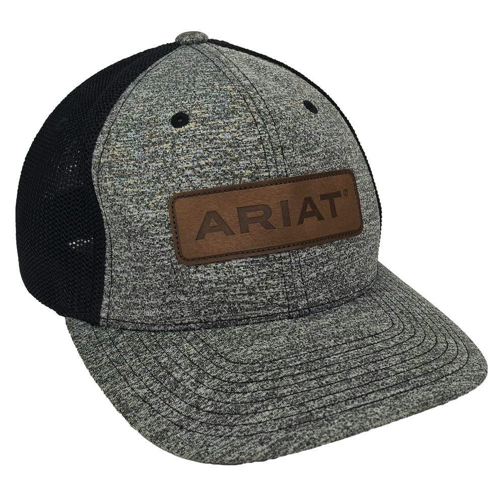 Ariat Fitted Hat Cap Black Gray Mesh Trucker L‑XL Leather Patch Western‎ Outdoor